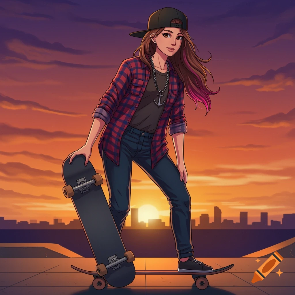 Anime style illustration of a skateboarder girl standing with her board at sunset overlooking a city skyline.