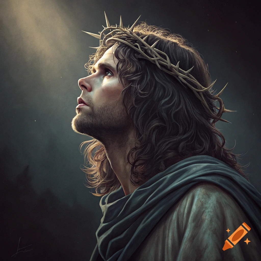 Portrait of a man wearing a crown of thorns, looking up towards light.