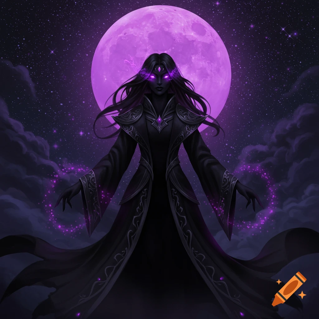 A figure in black robes with glowing purple eyes casts magic under a large purple moon and starry sky.
