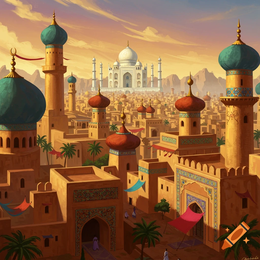 An Arabian city with domes and minarets, showing the Taj Mahal in the distance under a sunset sky.