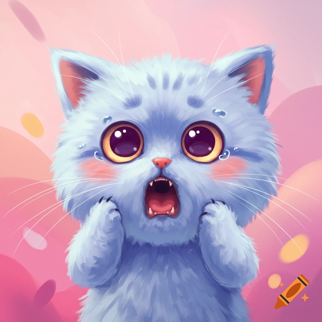Cute fluffy blue cat with big eyes screaming or surprised, crying on a pink background.