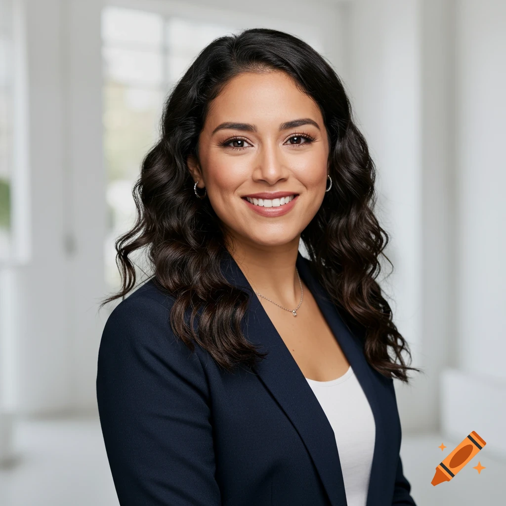 A professional portrait of a woman smiling, wearing a dark suit jacket and white top.