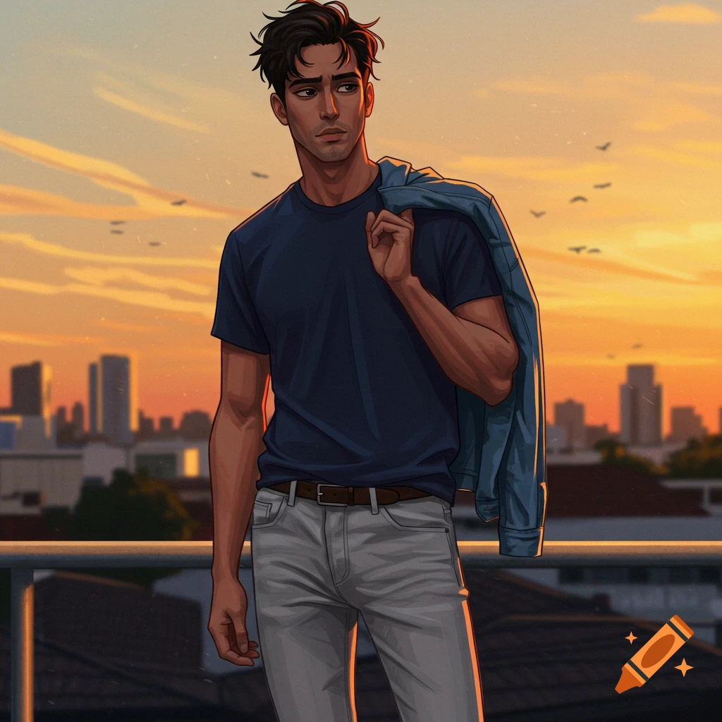 Man standing on a rooftop at sunset with a city skyline.