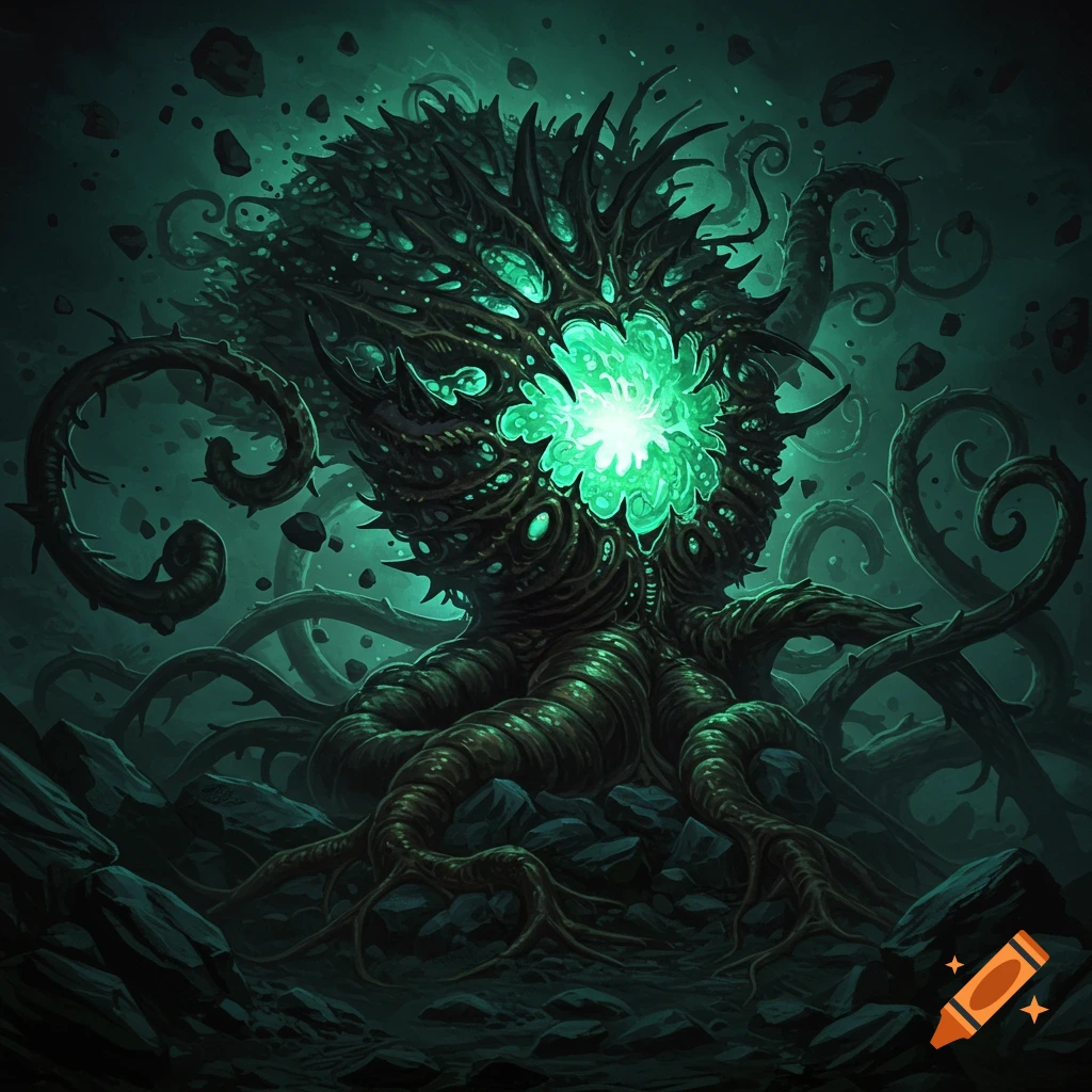 A dark, glowing alien creature or plant with spikes and vines in a rocky landscape.