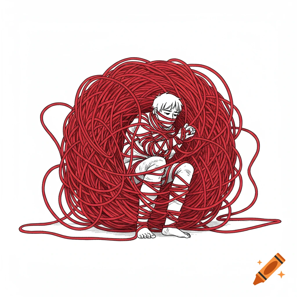 Line drawing of a person tangled in a large ball of red string.