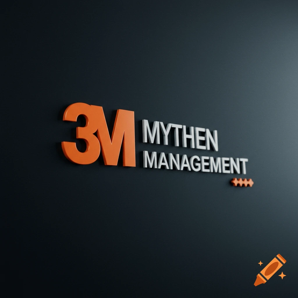 A 3D logo with orange '3M' and white 'MYTHEN MANAGEMENT' text on a dark wall.