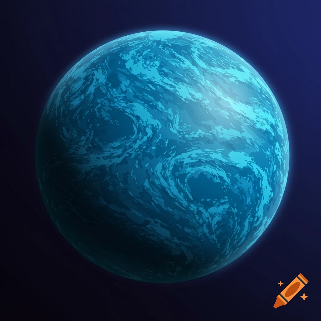A vector graphic of a blue planet with swirling patterns, set against a dark blue space background.