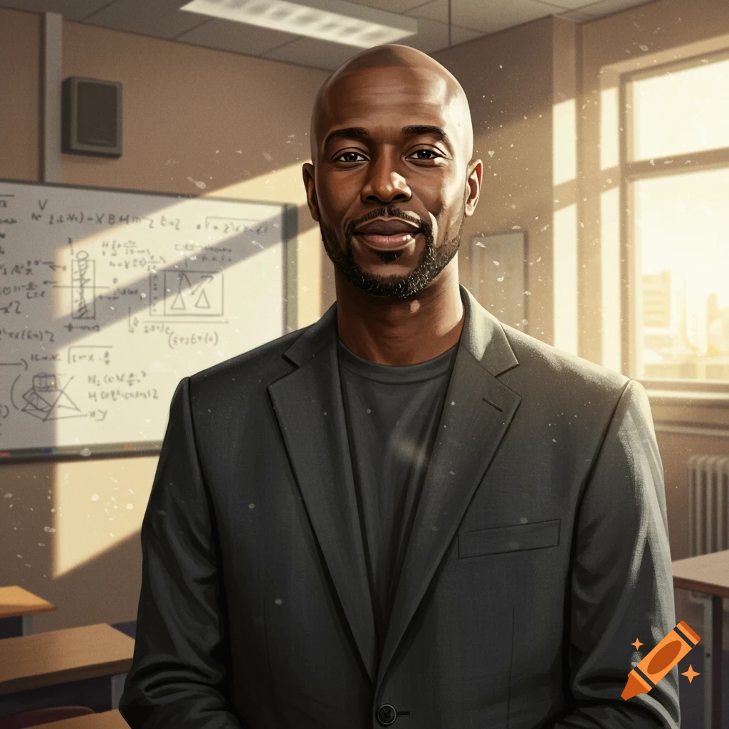 Painting of a bald Black man in a suit standing in a classroom with a whiteboard behind him.
