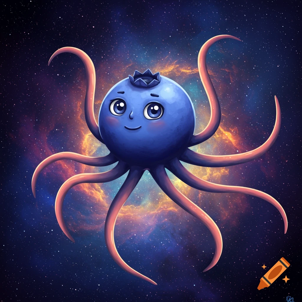 Cartoon blueberry with octopus tentacles floats in space among stars and nebula.