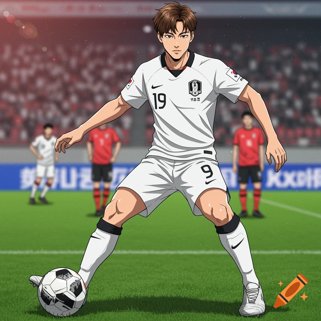 Anime style illustration of a Korean soccer player in a white uniform on a field.