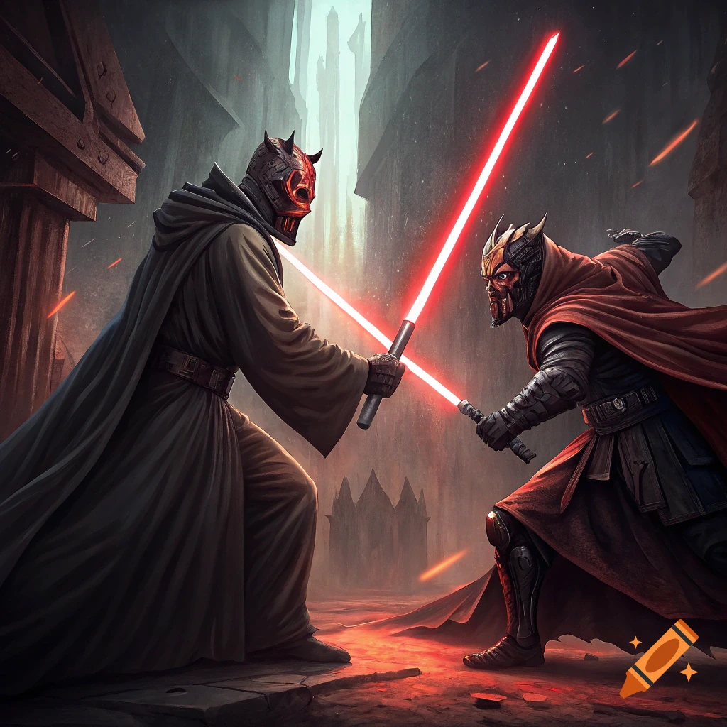 Two figures with red lightsabers duel in a dark, stylized city.