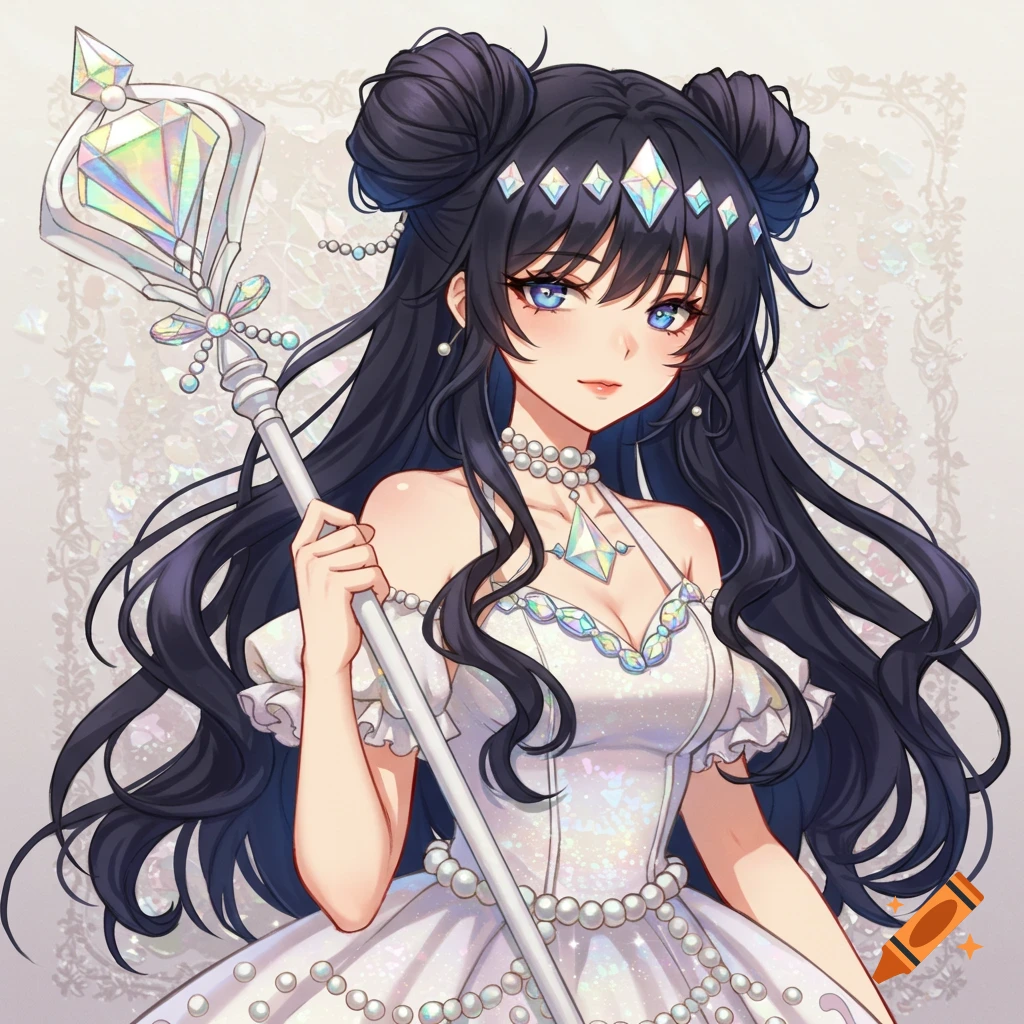 Anime girl in white dress with pearls and diamonds, holding staff.