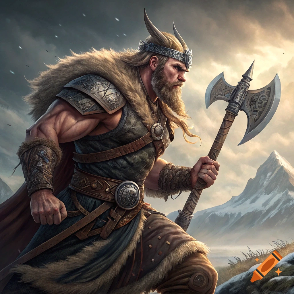 A muscular Viking warrior with a beard and fur cloak stands in a mountain landscape, holding a large axe.