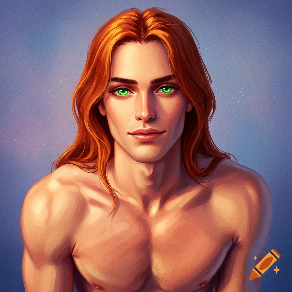 A bare-chested man with long red hair and bright green eyes