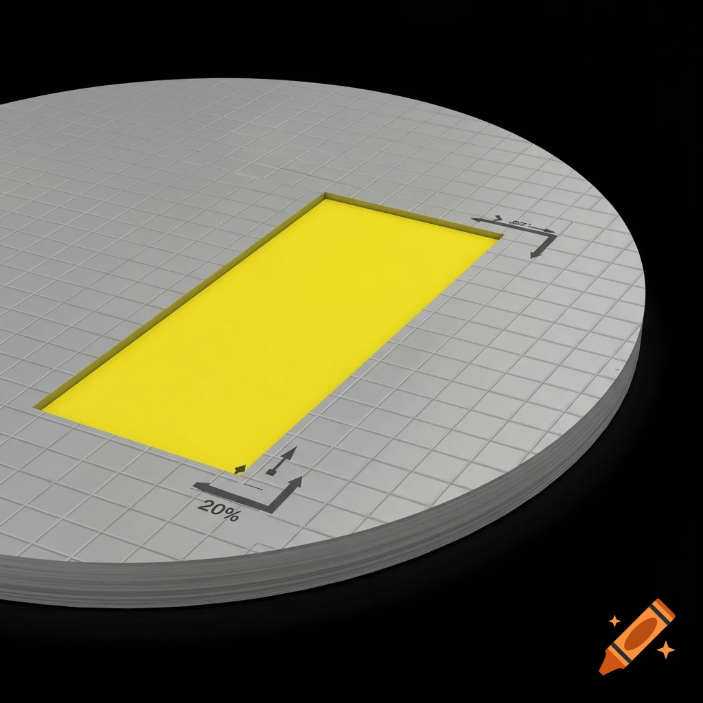 A gray disc with a grid pattern and a yellow rectangular cutout, featuring technical drawing annotations.