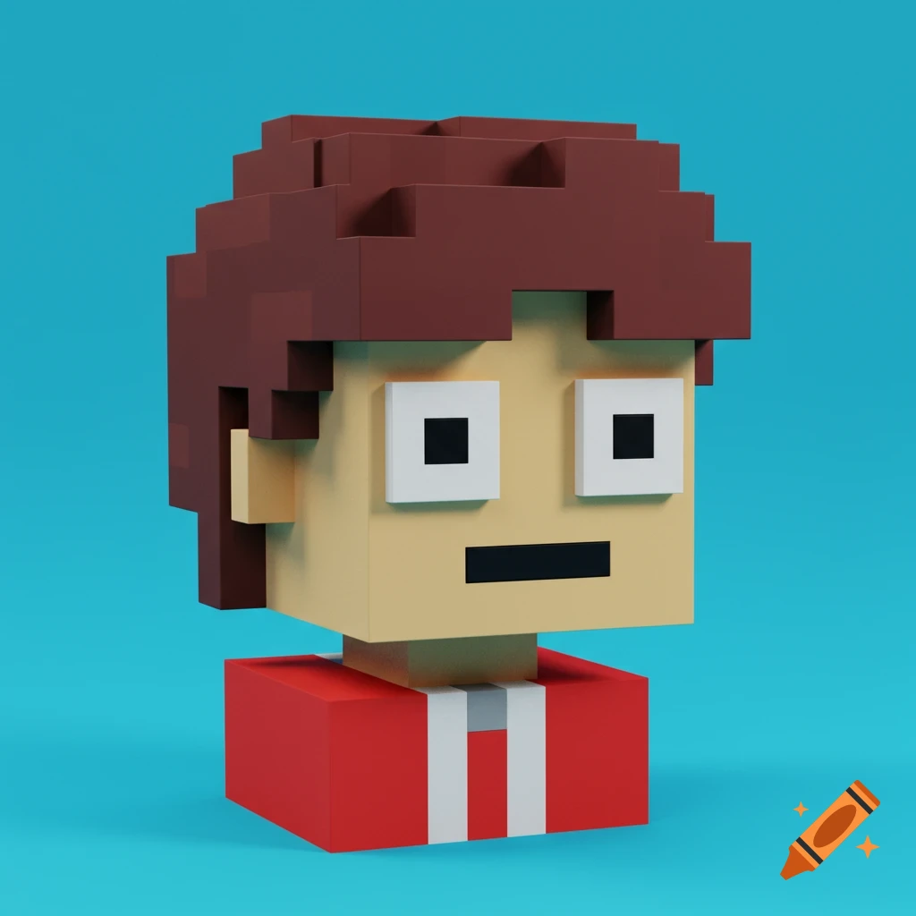 A blocky 3D portrait of a person in a red shirt against a blue background.