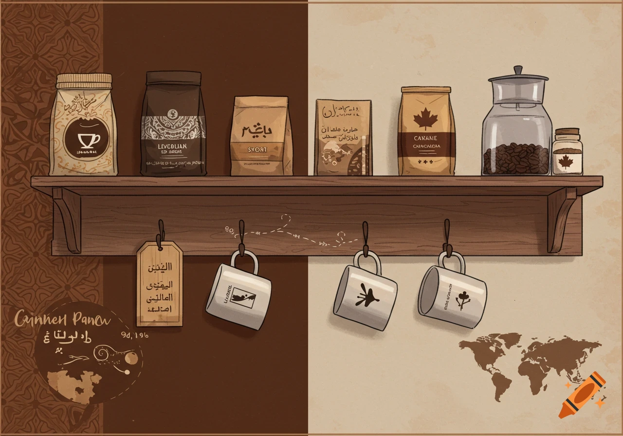 A shelf filled with coffee bags, a jar of beans, and hanging mugs, featuring Middle Eastern and Canadian motifs.