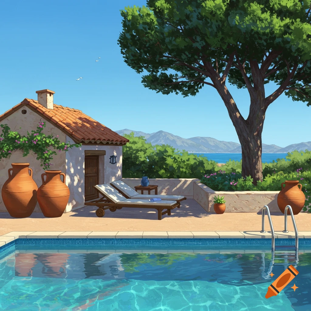 Swimming pool area with loungers, a large tree, house, mountains, and sea.