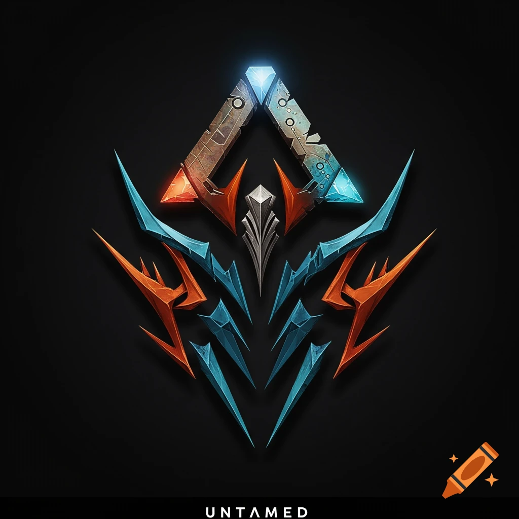 A stylized tribal logo or symbol with metallic and crystalline textures in orange, blue, and silver on a black background. The word "UNTAMED" is below.