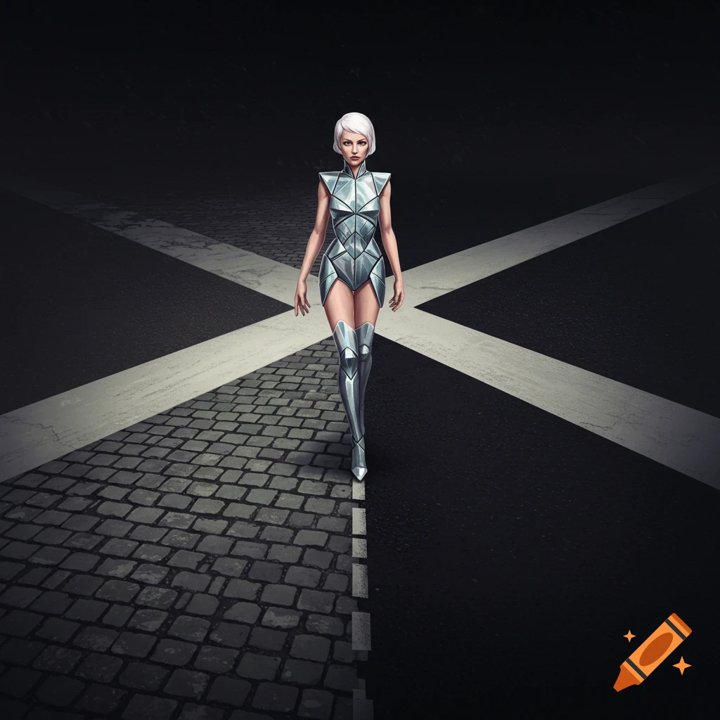 A woman in a futuristic silver suit walks on a crosswalk at night.