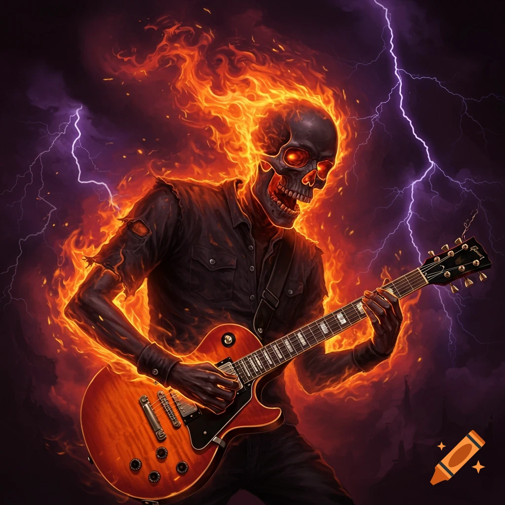 Flaming skeleton playing electric guitar with lightning background