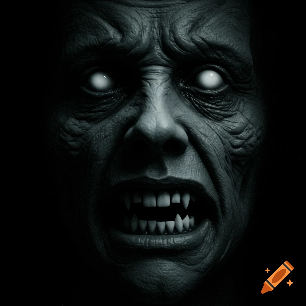 Close-up of a scary monster face with glowing eyes and fangs