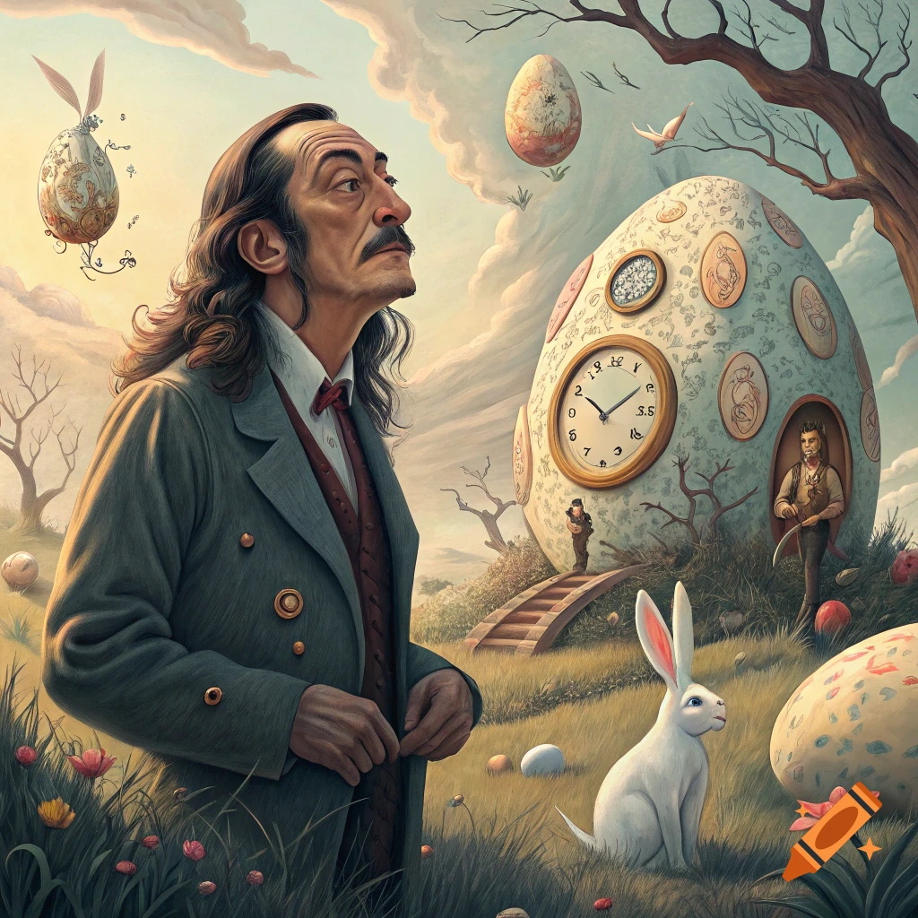 Surreal painting of Salvador Dali looking at a giant Easter egg with a clock, a rabbit, and floating eggs in a landscape.