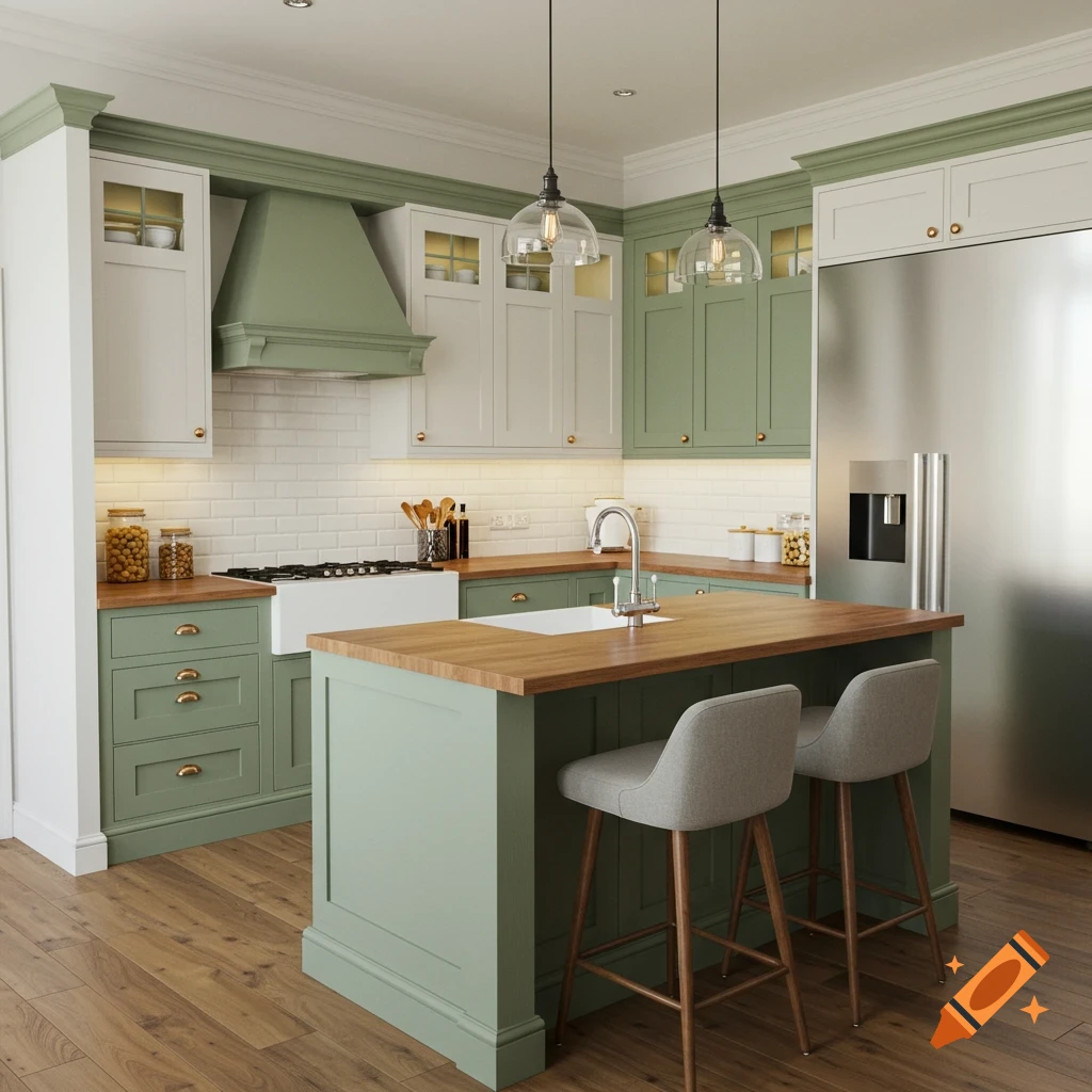 A rendering of a modern kitchen with green and white cabinets, wood counters, and a peninsula with bar stools.