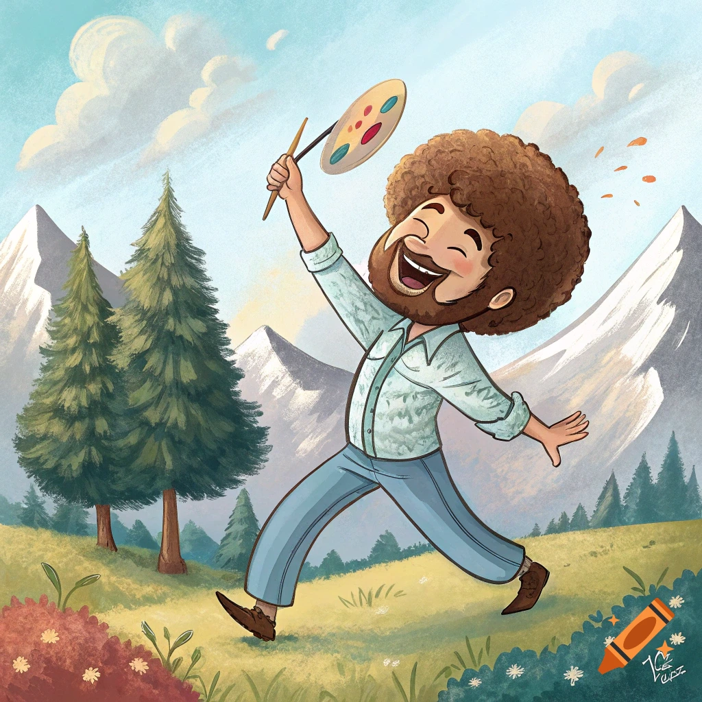 A cartoon illustration of Bob Ross dancing happily in a landscape with mountains, trees, and flowers, holding a paint palette and brush.