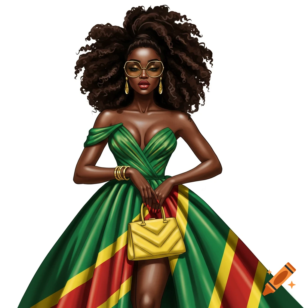 An elegant African woman in a green, yellow, and red dress, holding a yellow handbag.