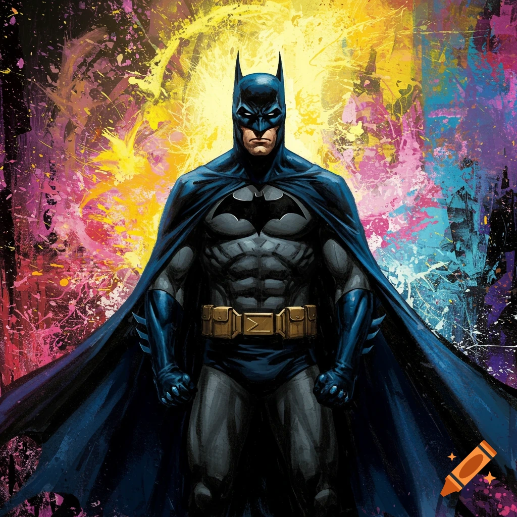 Painting of Batman standing in front of a colorful abstract background.