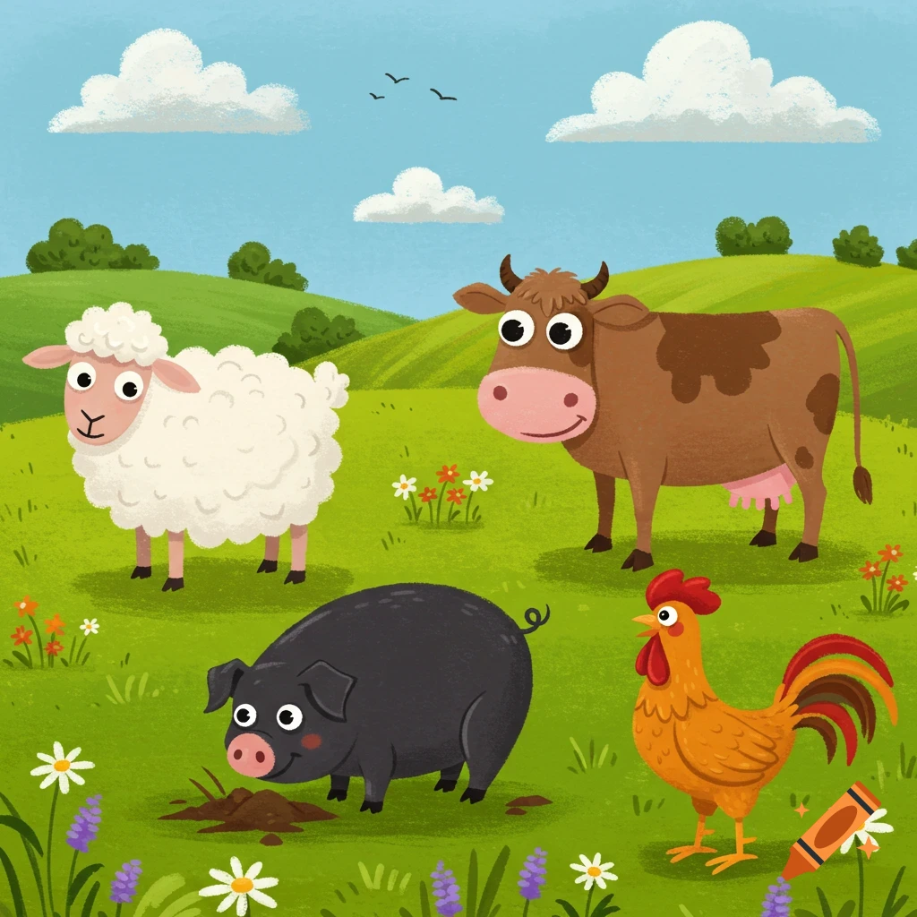 Cartoon-style image of a sheep, pig, cow, and rooster in a grassy field under a blue sky.