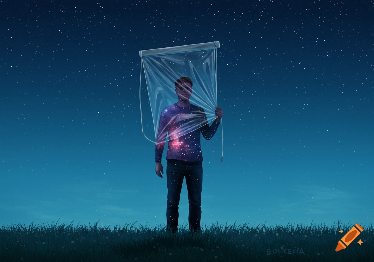 Surreal image of a person with a cosmic upper body under a transparent shade in a field at night.