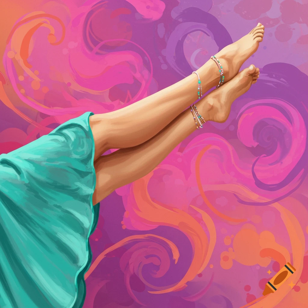 Legs in a teal dress with anklets against a swirling pink and purple abstract background.
