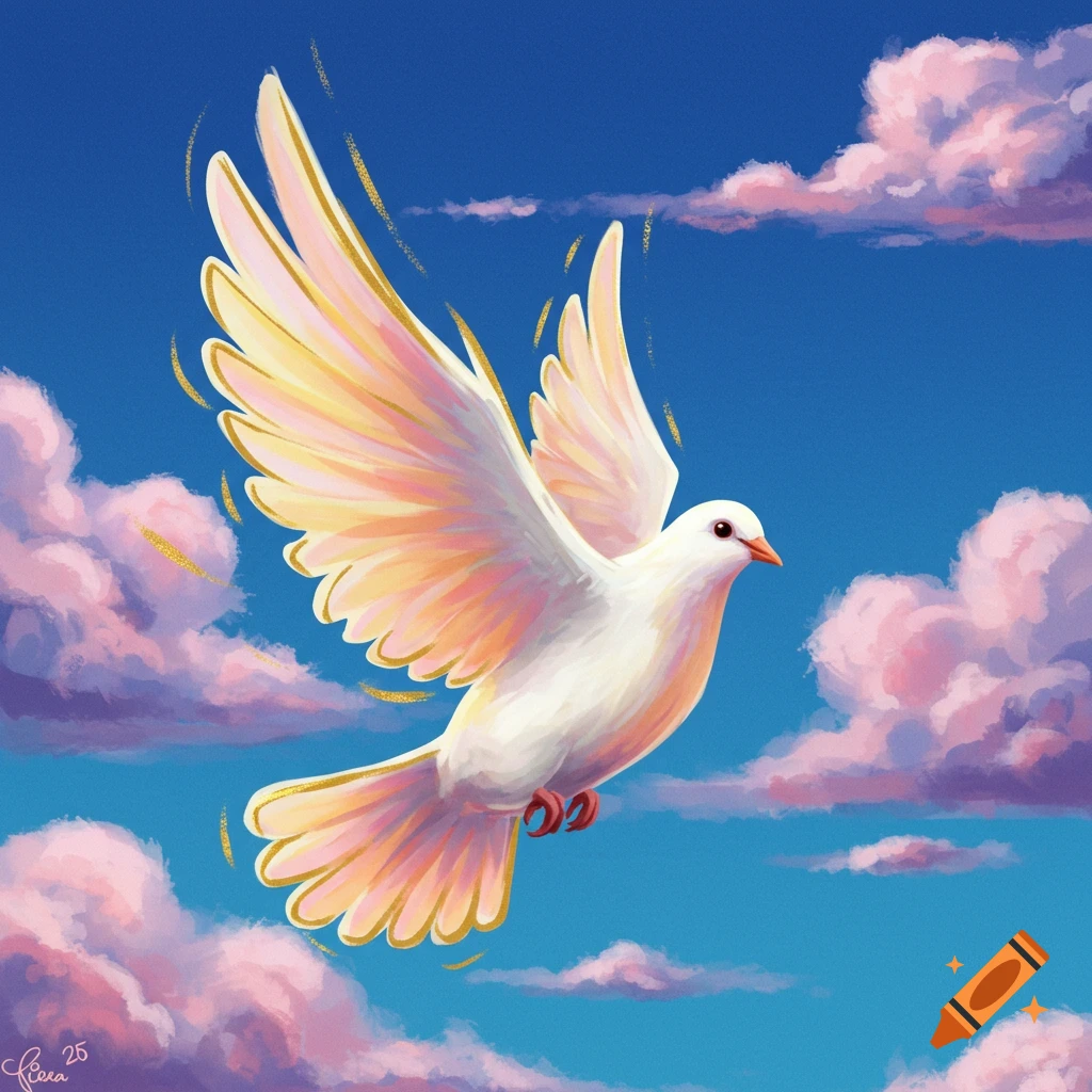 A white dove flying upwards against a blue sky with pink clouds.