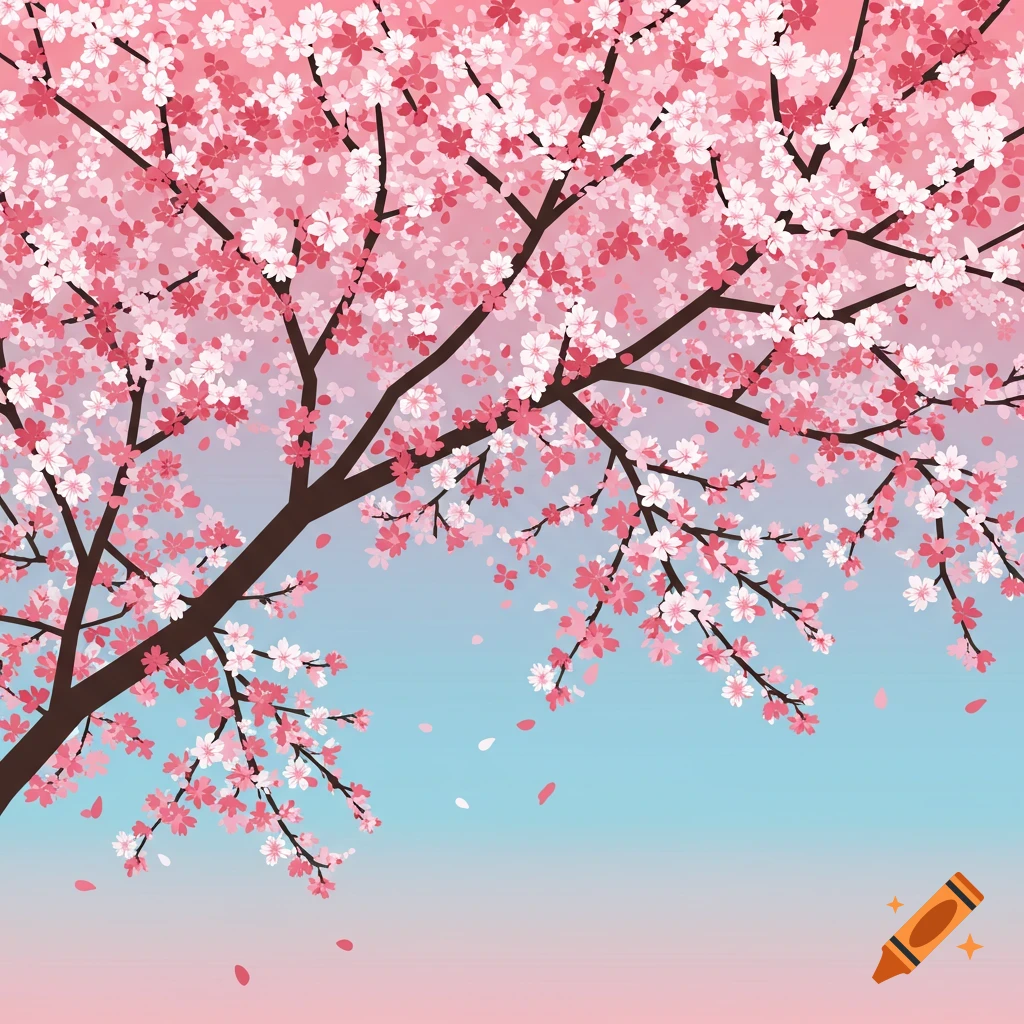 Vector graphic of a cherry blossom tree with pink and white flowers and falling petals against a gradient background.