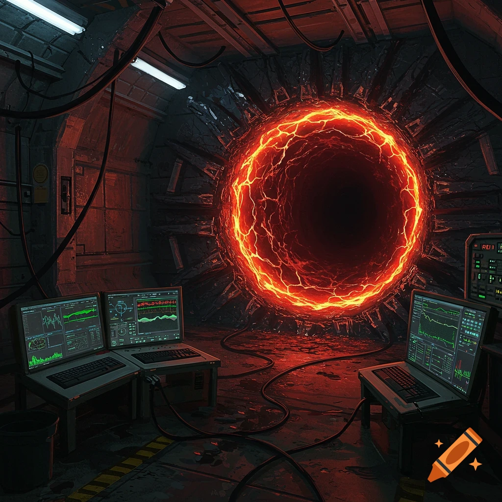 A glowing orange portal pulsates in a dark, gritty underground bunker surrounded by computer equipment and wires.