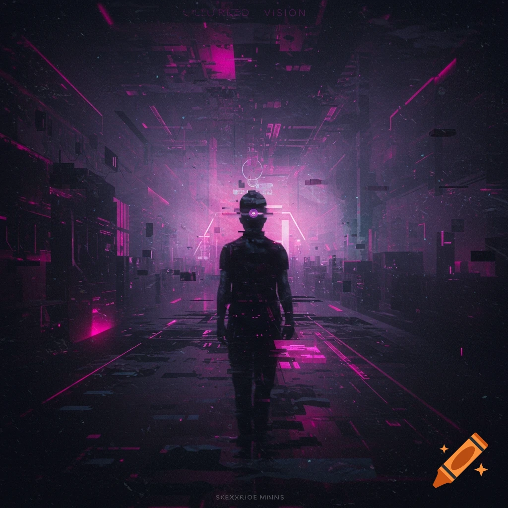 Silhouette figure walks through a dark, glowing purple futuristic corridor in a digital art style.