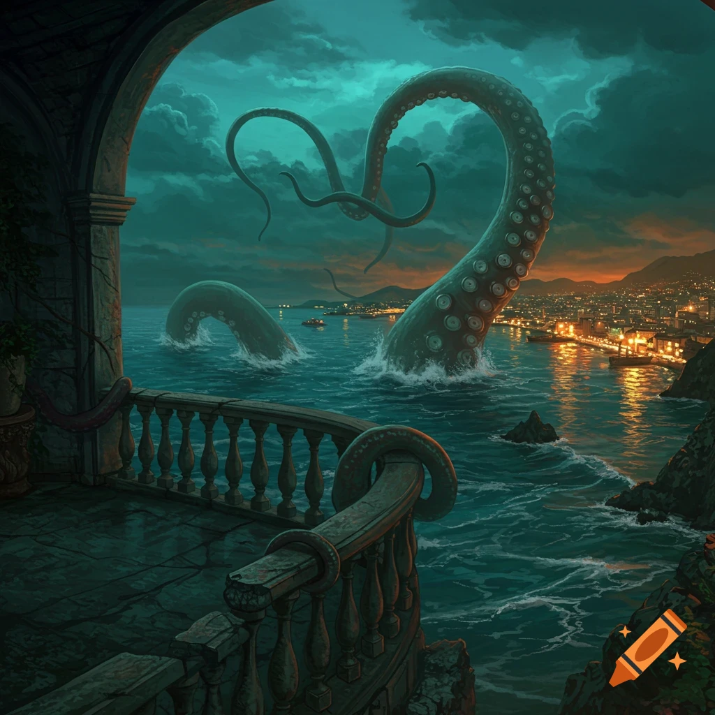 A kraken emerges from the sea at dusk, viewed from a balcony overlooking a city.