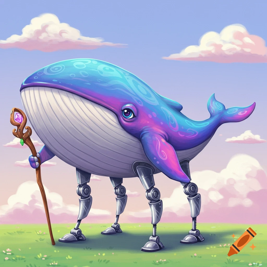 A fantasy illustration of a whale with robotic legs standing in a field, holding a staff.