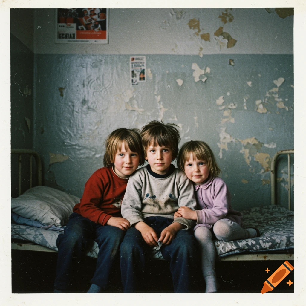 Three children sit together on a bed in a vintage photo style.