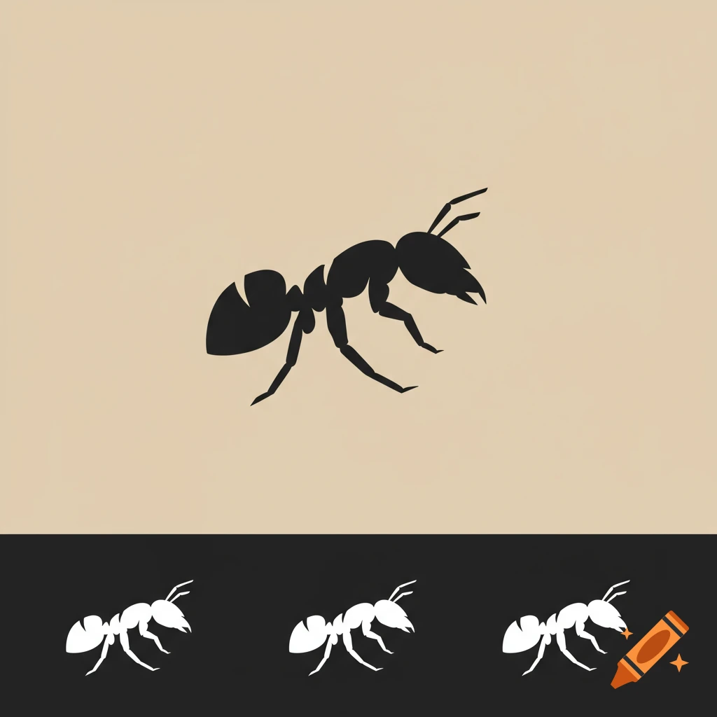 Silhouette of a black ant above smaller white ants on a beige and black background.