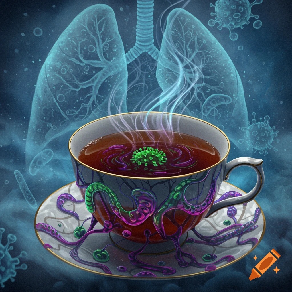 A teacup with virus particles inside, set against glowing lungs and floating viruses.
