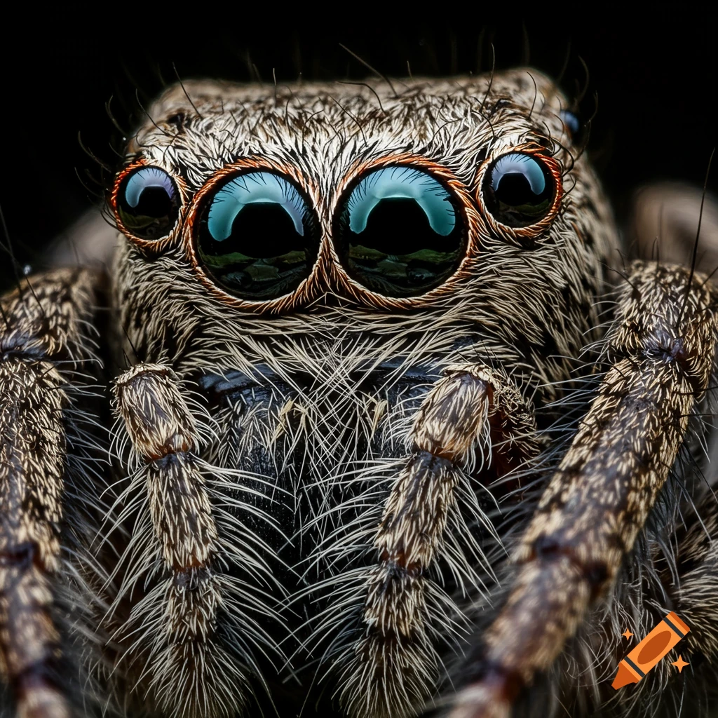 Close-up macro photo of a jumping spider's face and eyes.
