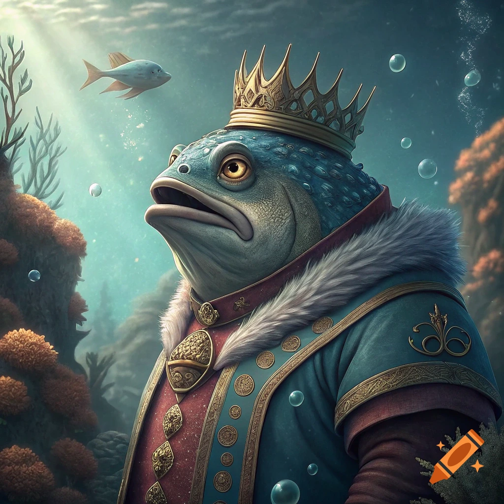 A fish-human hybrid king in a crown and regal coat underwater