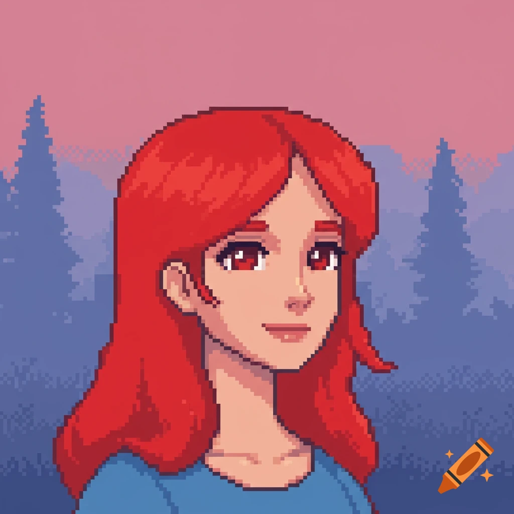 Pixel art portrait of a woman with red hair against a mountain landscape.