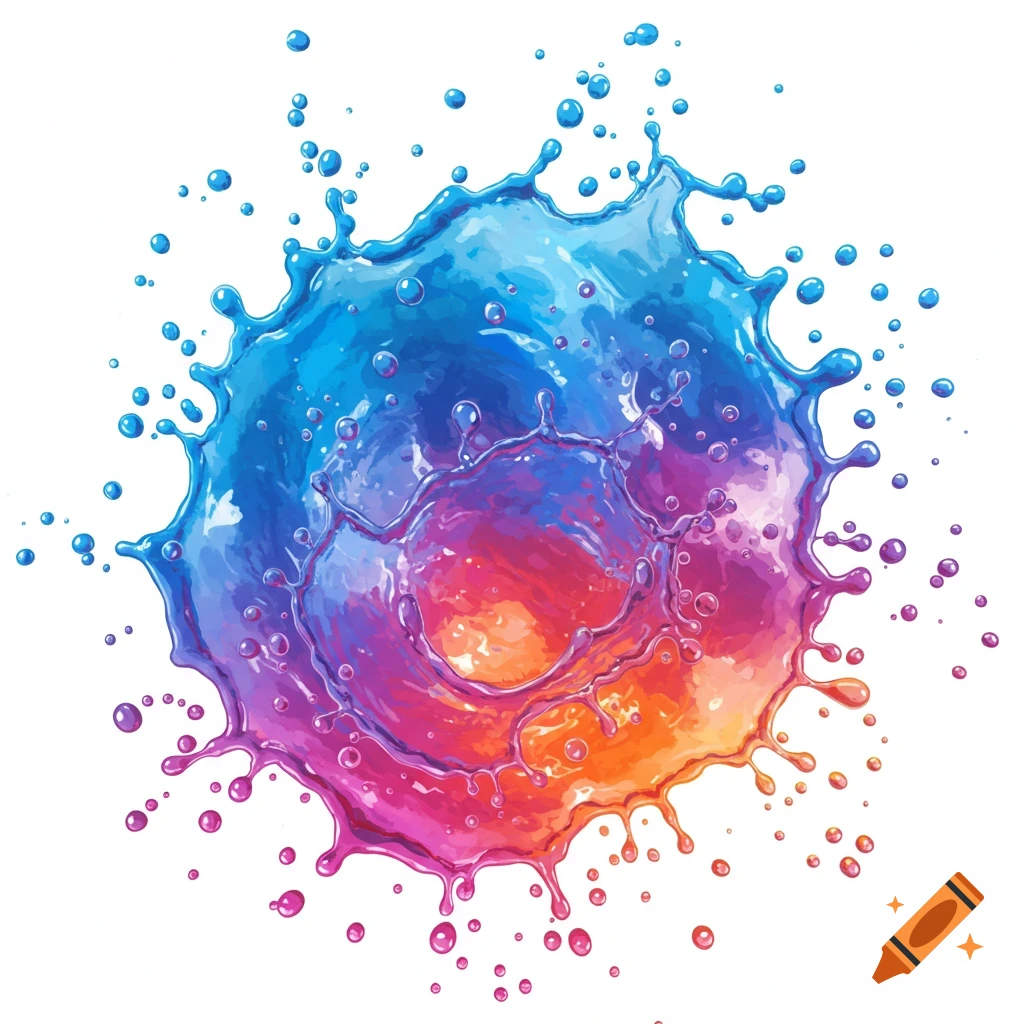 A vibrant blue, purple, and orange color splash on a white background.