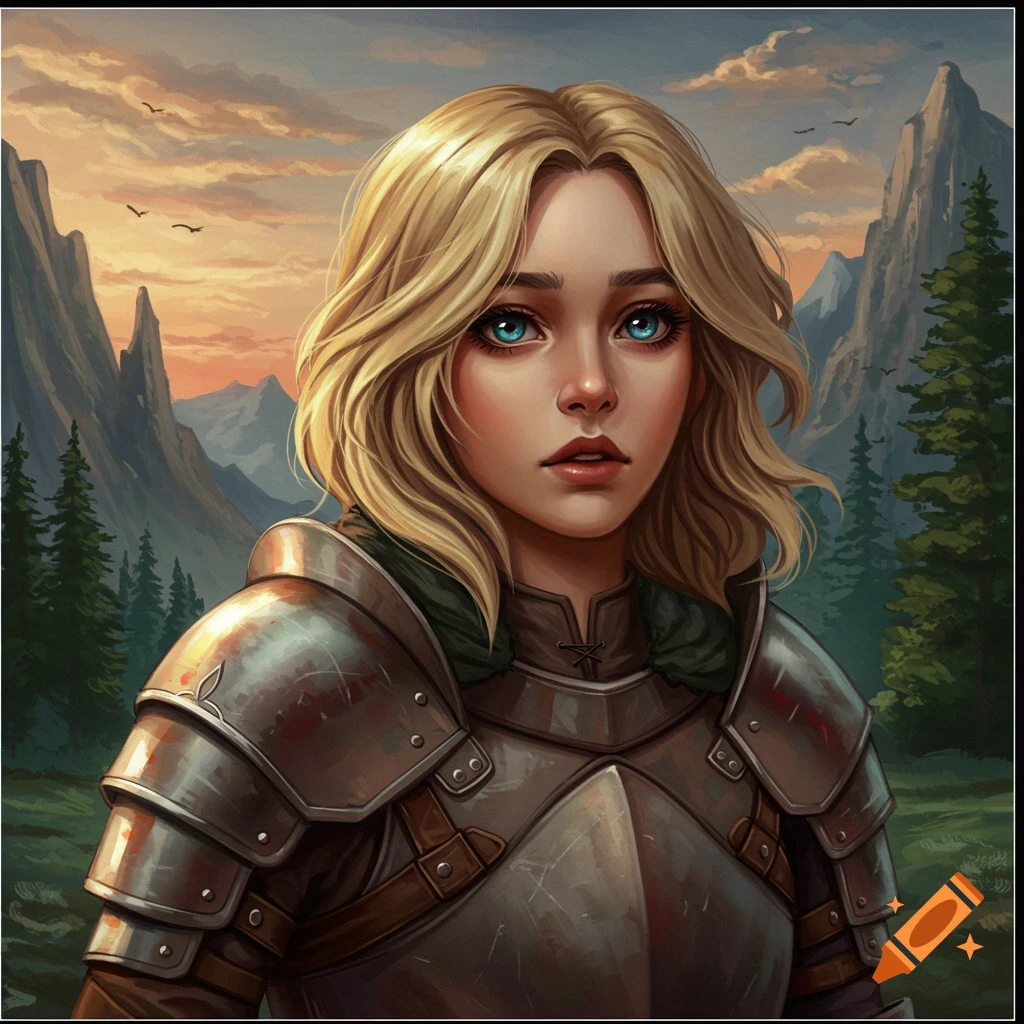 Portrait of a blonde woman in fantasy armor against a mountain landscape.