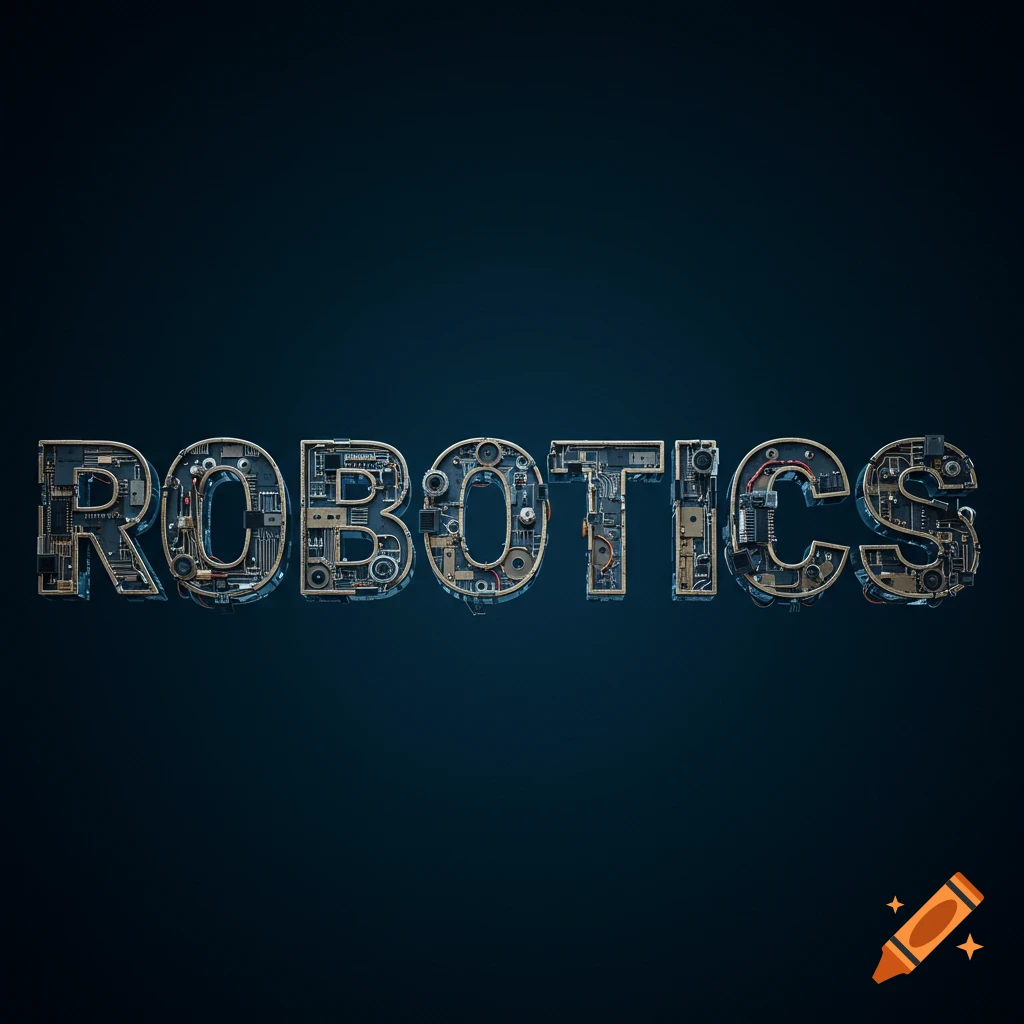 The word ROBOTICS formed from intricate robotic parts and gears.