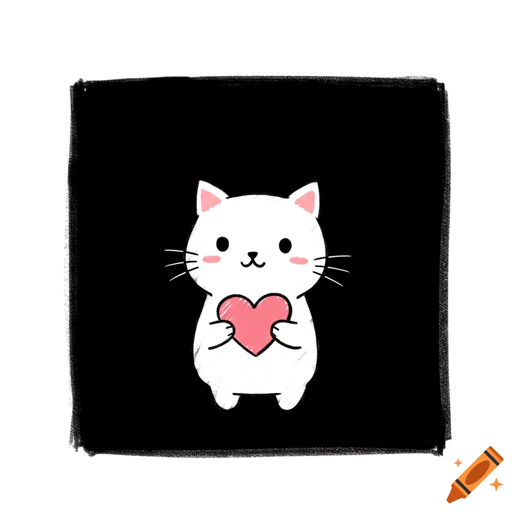 A cute cartoon white cat holds a pink heart on a black background in a doodle style.
